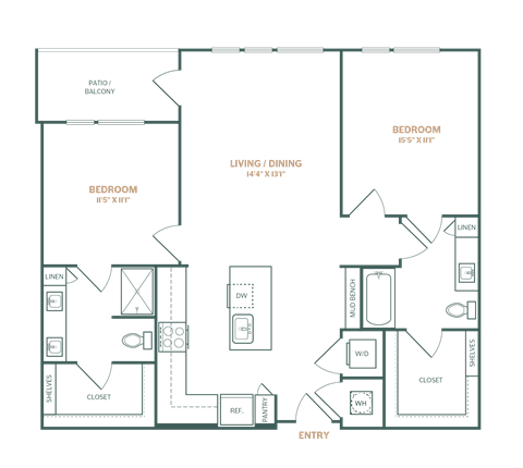 Floor plan for 2 beds, 2 baths, 1114 sqft